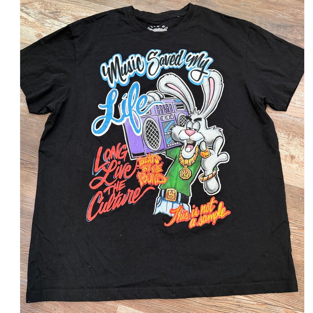 HUSTLE GANG HOPPER MUSIC SAVED MY LIFE BLACK TEE SIZE LARGE EUC